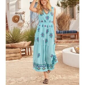 Sundance Catalog Maxi Sun Tiered Dress Embroidered 100% Cotton Sz Petite Medium